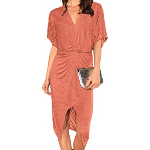 Dress rust v neck slit - Picture 2 of 8